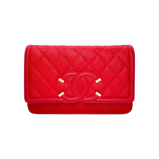 Chanel Red Filigree Wallet on Chain