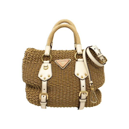 Prada Beige Madras Raffia Tote