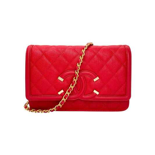 Chanel Red Filigree Wallet on Chain