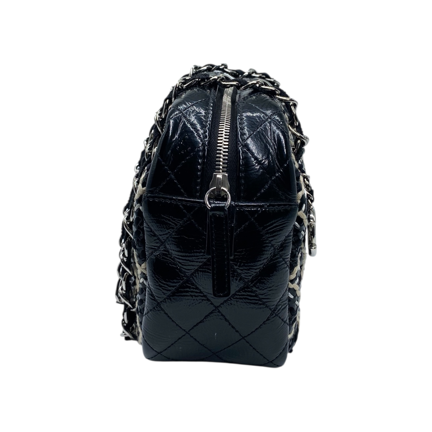 Chanel Black Beige Patent Leather Woven Camera Bag
