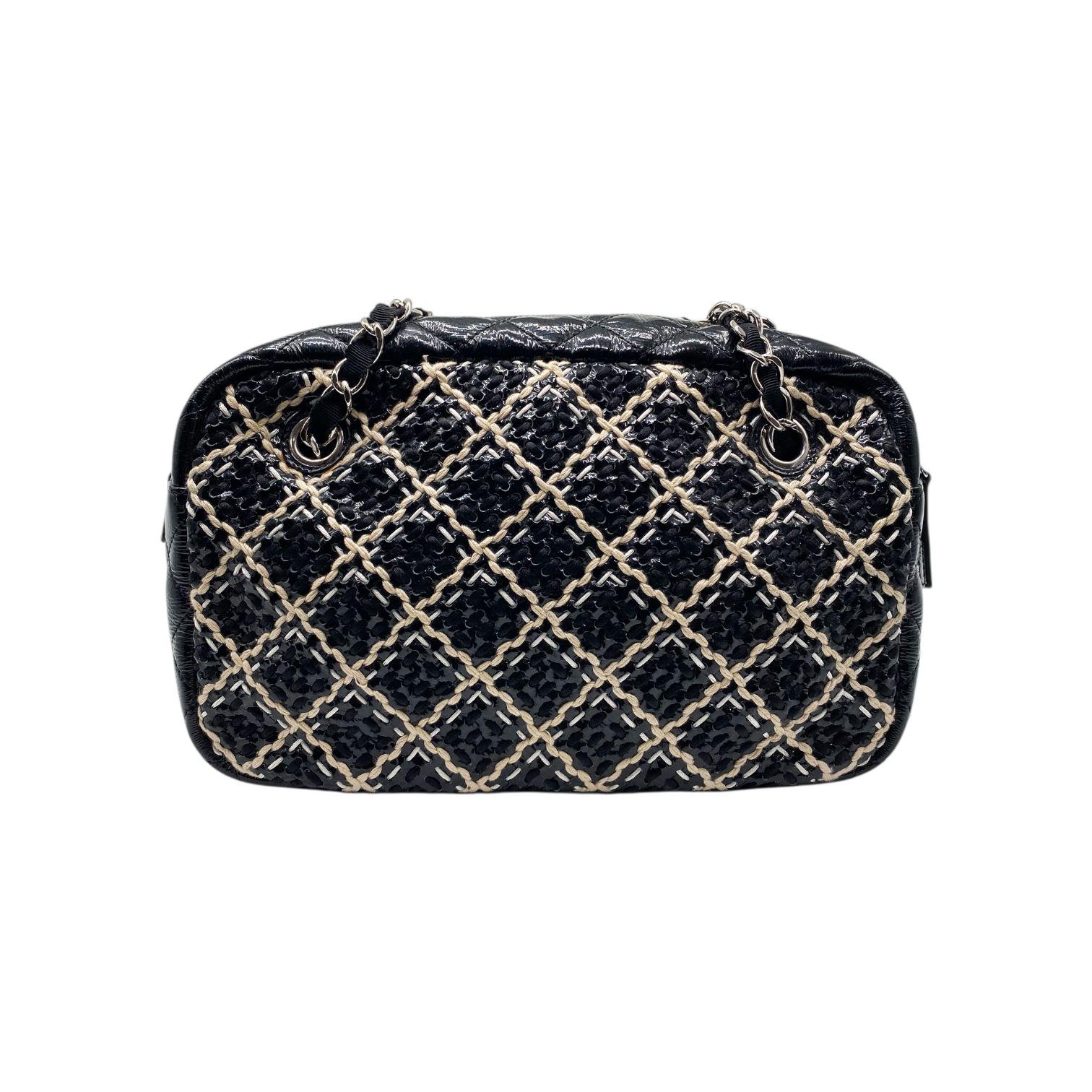 Chanel Black Beige Patent Leather Woven Camera Bag