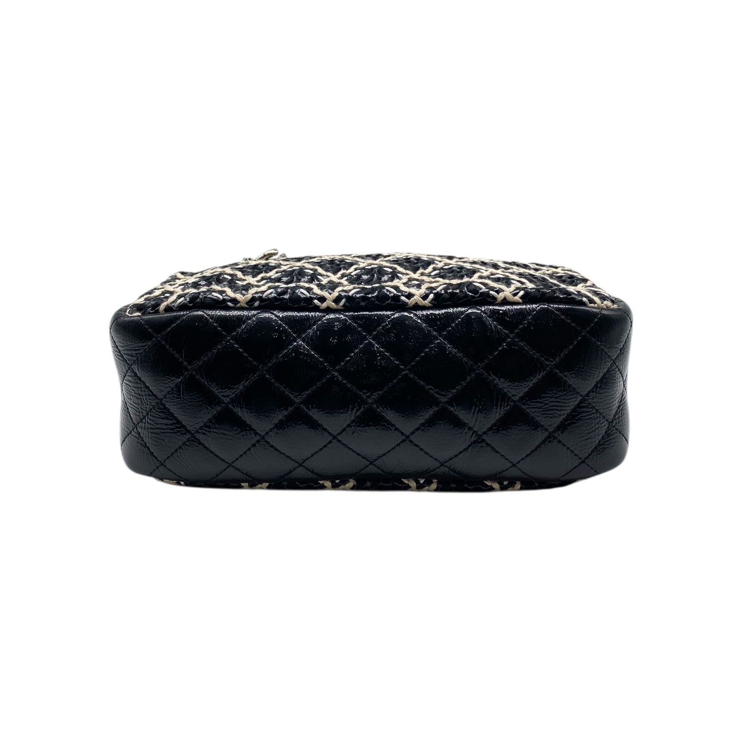 Chanel Black Beige Patent Leather Woven Camera Bag