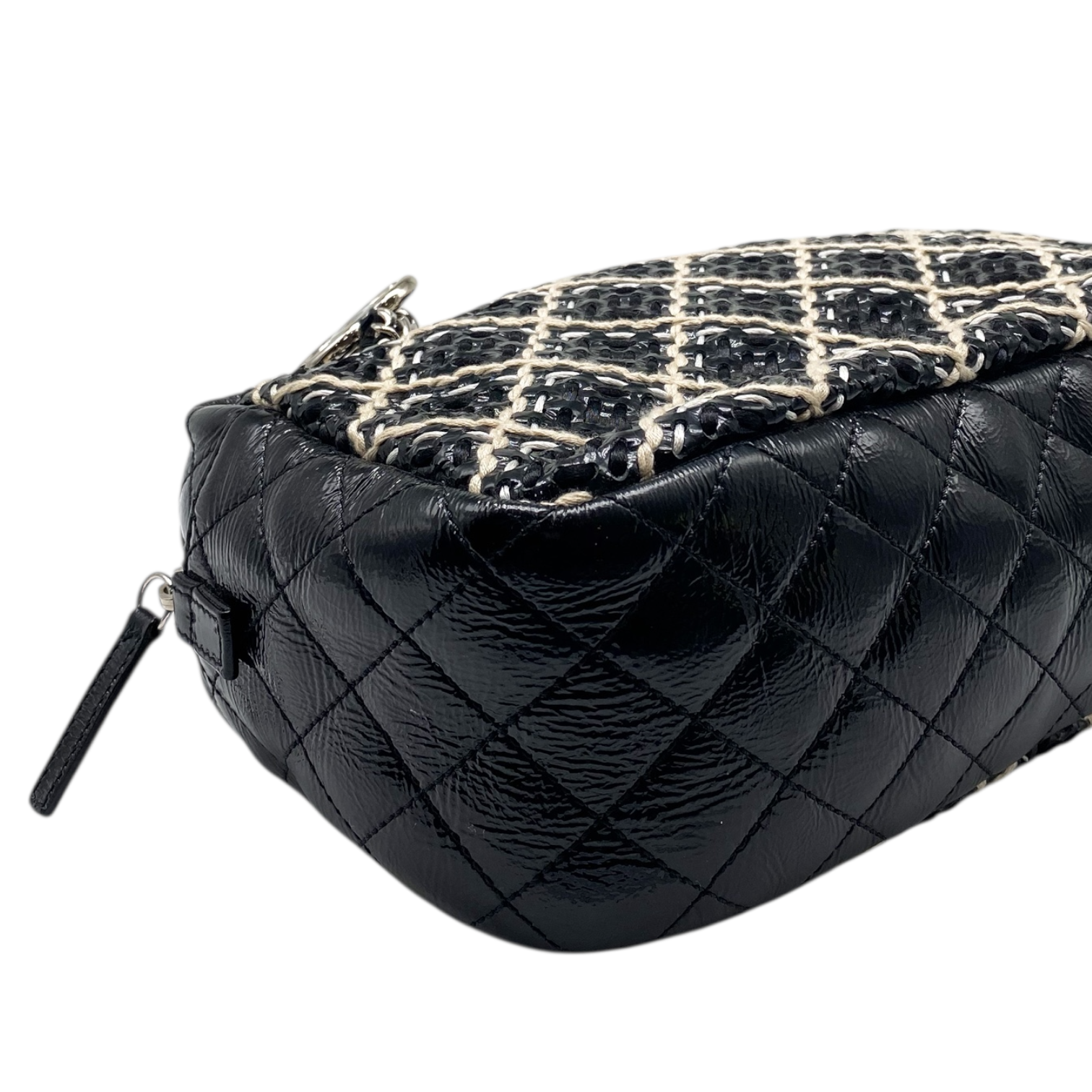 Chanel Black Beige Patent Leather Woven Camera Bag