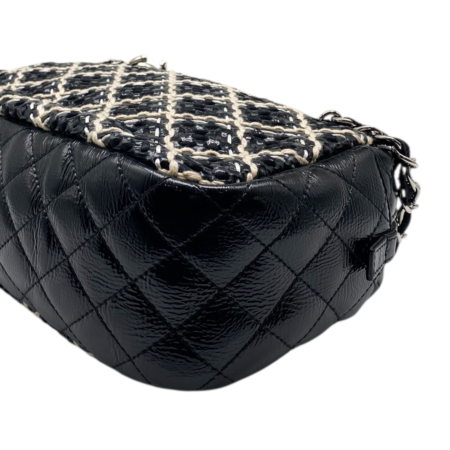 Chanel Black Beige Patent Leather Woven Camera Bag