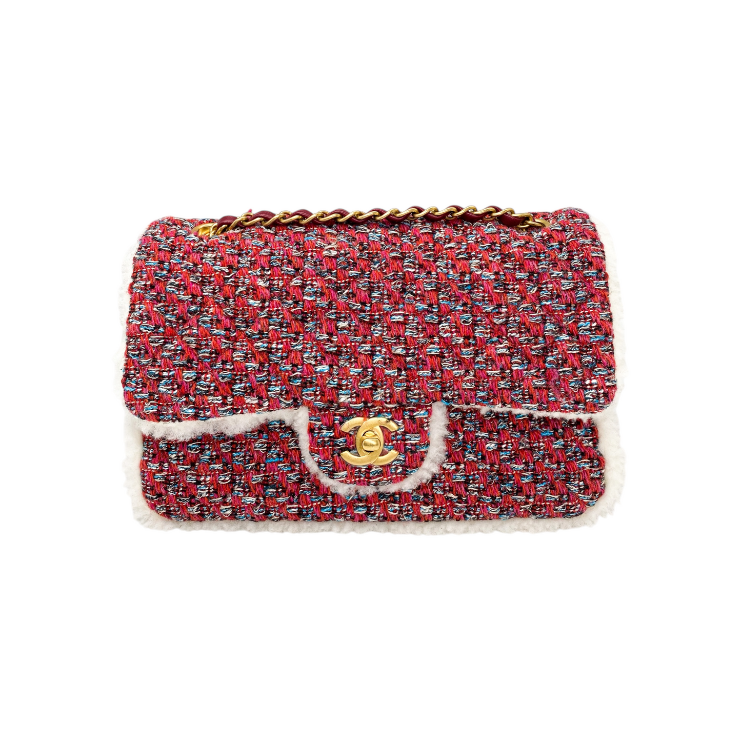 Chanel Red Multicolor Shearling Trim Muff Flap Bag