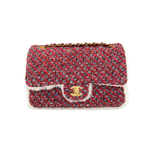 Chanel Red Multicolor Shearling Trim Muff Flap Bag