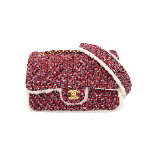 Chanel Red Multicolor Shearling Trim Muff Flap Bag