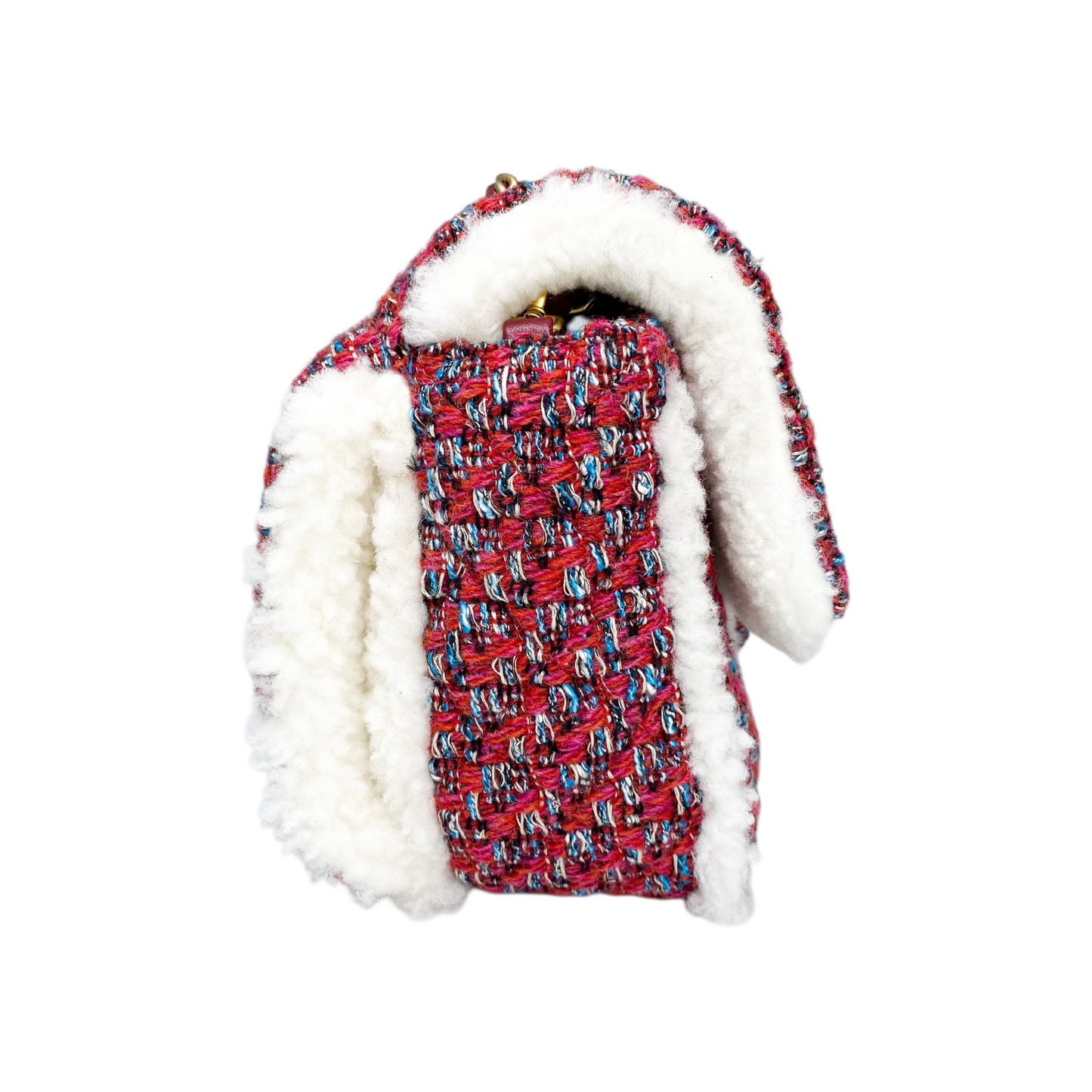 Chanel Red Multicolor Shearling Trim Muff Flap Bag