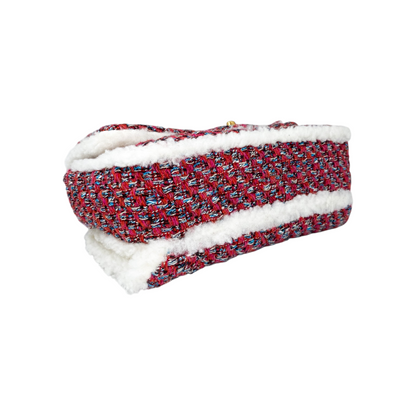 Chanel Red Multicolor Shearling Trim Muff Flap Bag