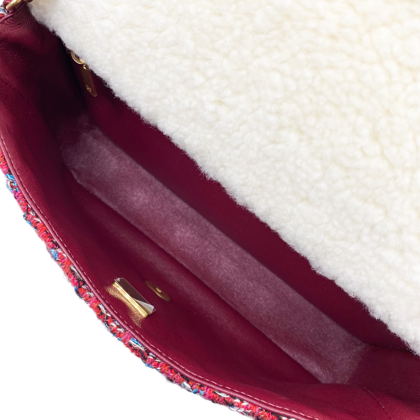 Chanel Red Multicolor Shearling Trim Muff Flap Bag