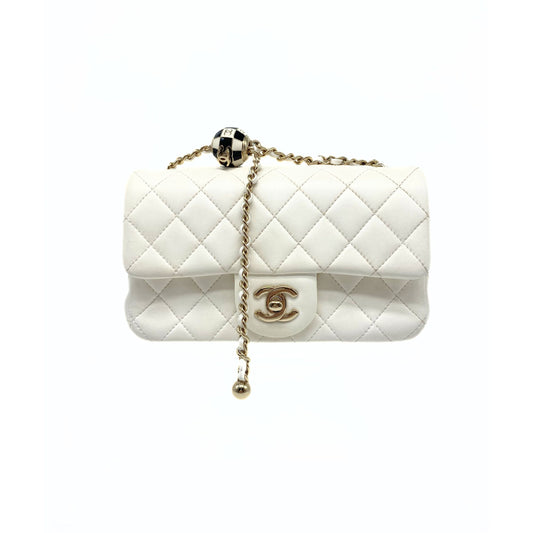Chanel Pearl Crush Mini Square Flap Bag White Lambskin Light Gold Hardware