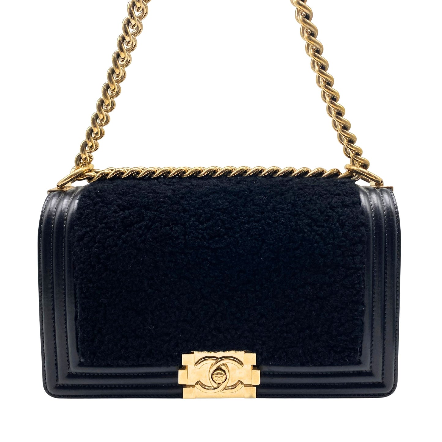 Chanel Shearling Sheepskin Medium Boy Flap Black