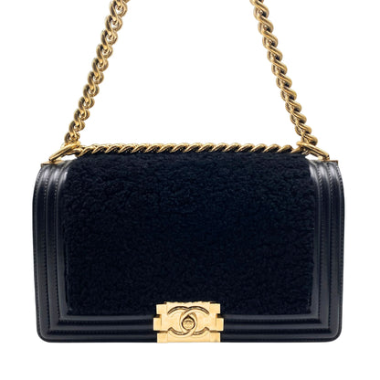Chanel Shearling Sheepskin Medium Boy Flap Black