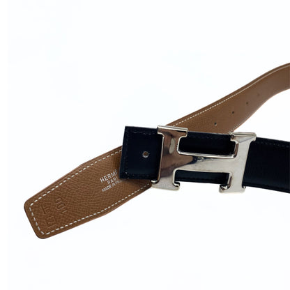 Hermes H Buckle Reversible, Gold/Black Platinum Hardware Belt