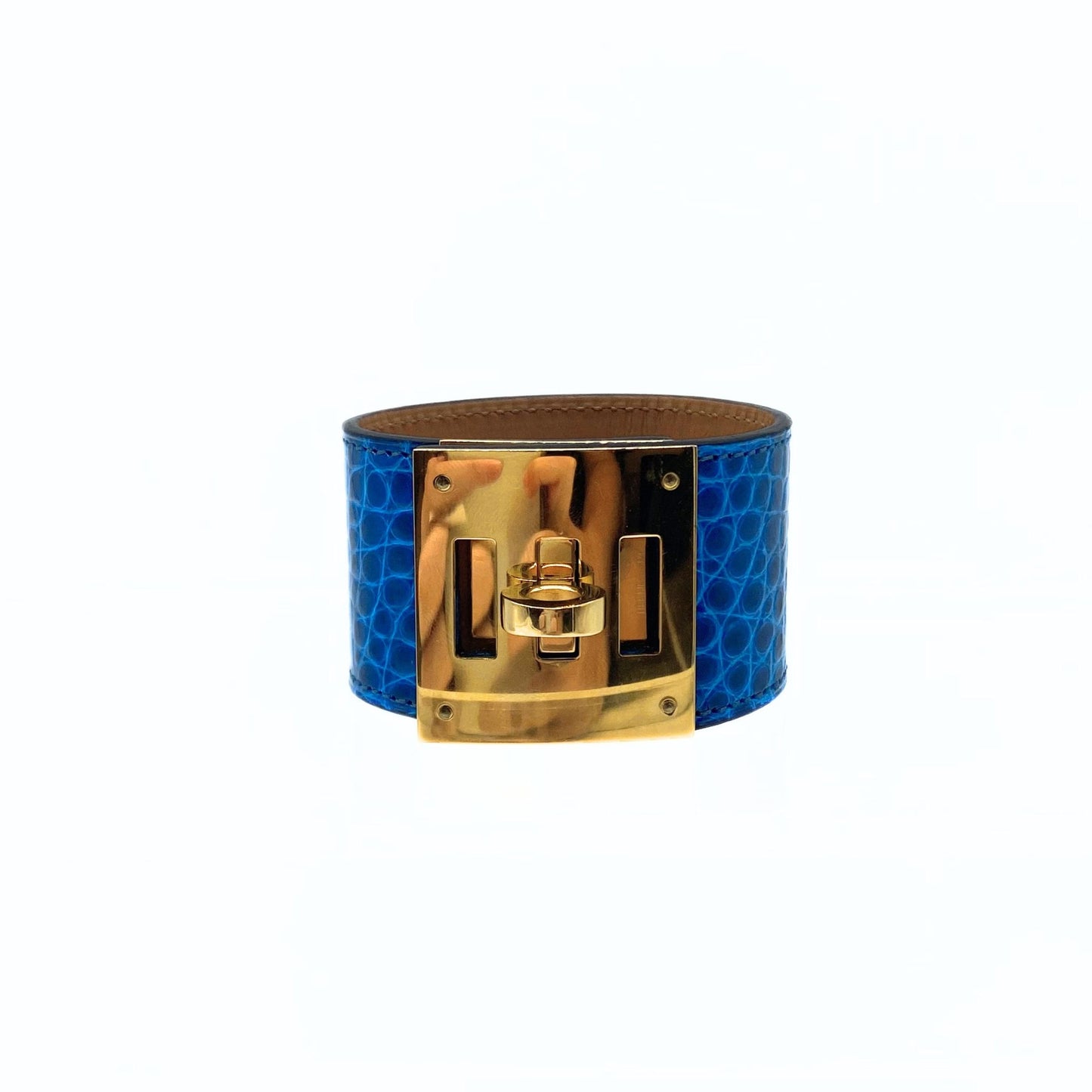 Hermes Kelly Dog Gator Cuff Blue Izmir Gold Hardware