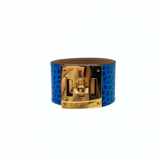 Hermes Kelly Dog Gator Cuff Blue Izmir Gold Hardware