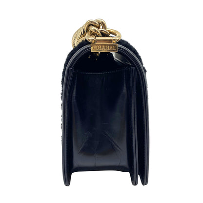 Chanel Shearling Sheepskin Medium Boy Flap Black