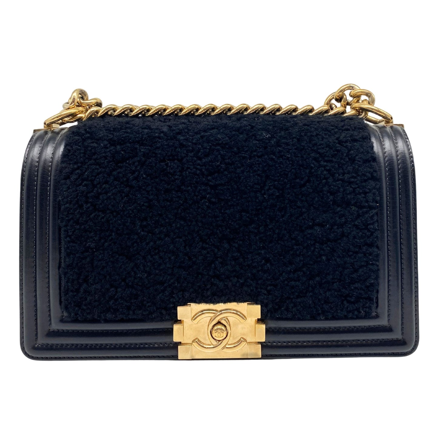 Chanel Shearling Sheepskin Medium Boy Flap Black