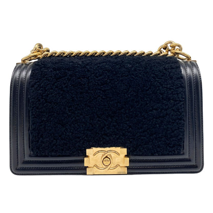 Chanel Shearling Sheepskin Medium Boy Flap Black