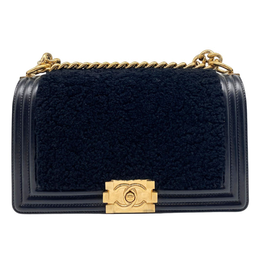 Chanel Shearling Sheepskin Medium Boy Flap Black