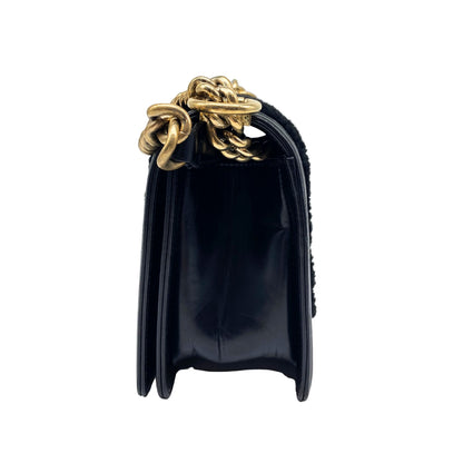 Chanel Shearling Sheepskin Medium Boy Flap Black