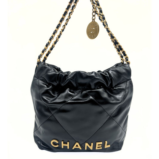 Black Calfskin Quilted Mini 22 Hobo Bag Aged Gold Hardware