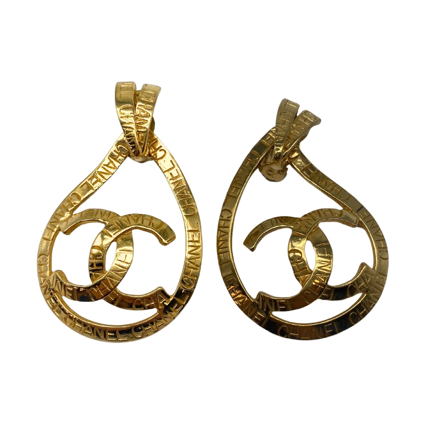 Chanel Vintage Gold Plated CC Ribbon Tear Drop Ribbon Large 2 in 1 Clip on Earrings