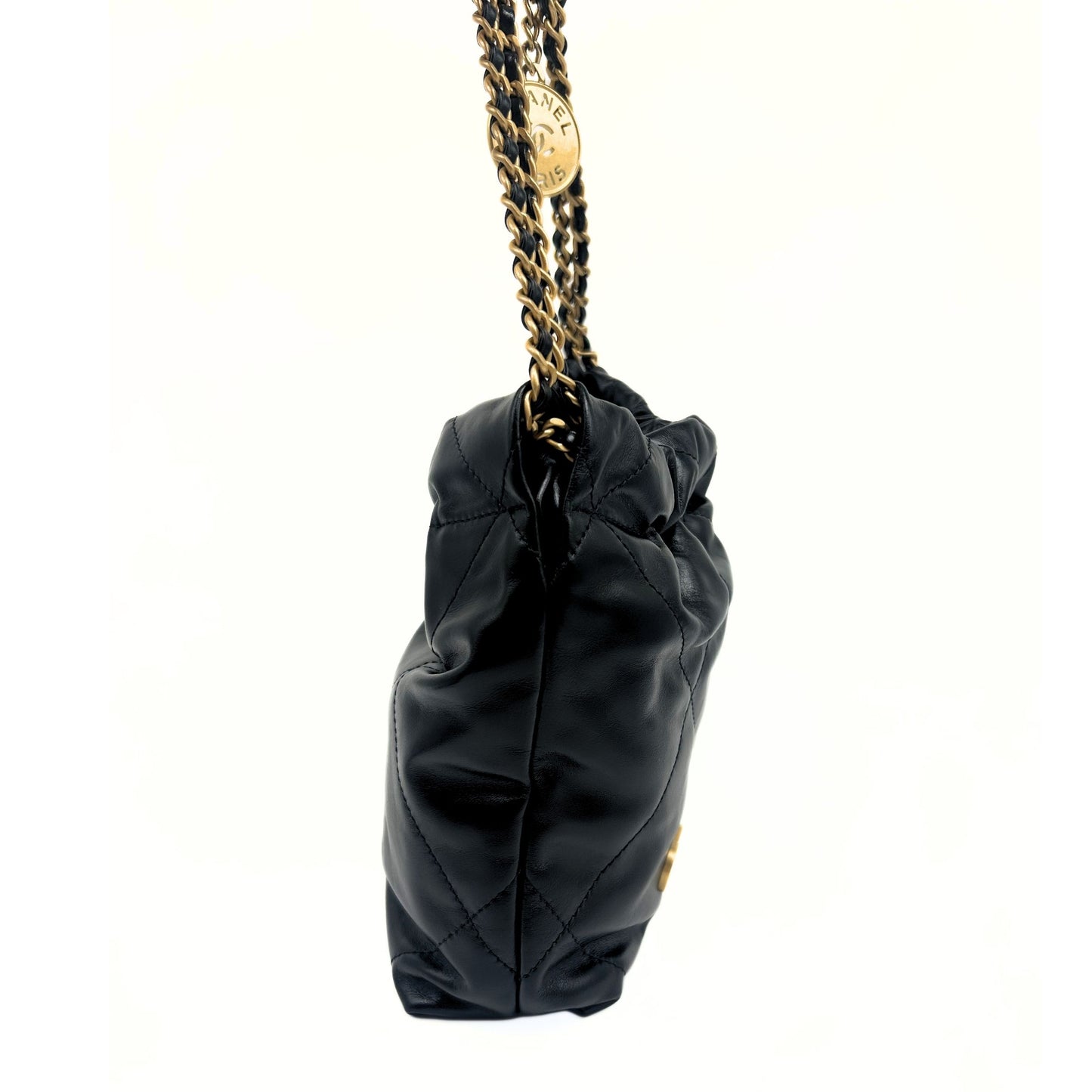 Black Calfskin Quilted Mini 22 Hobo Bag Aged Gold Hardware