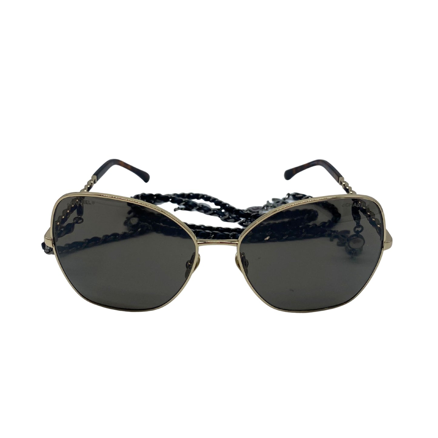 Chanel Tortoiseshell and Gold Sunglasses with Chain