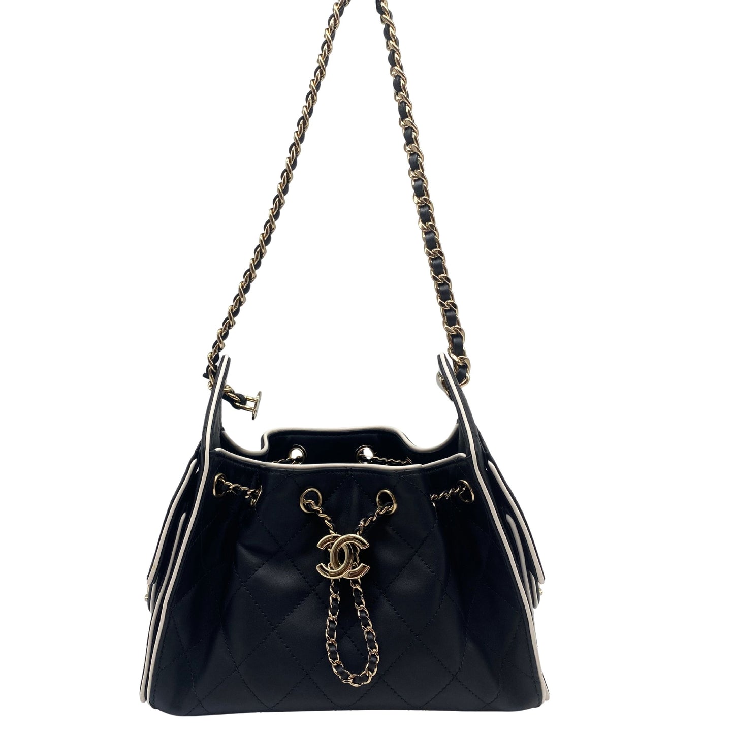 Chanel 25 Mini Black Leather w/ White Trim, Gold Hardware