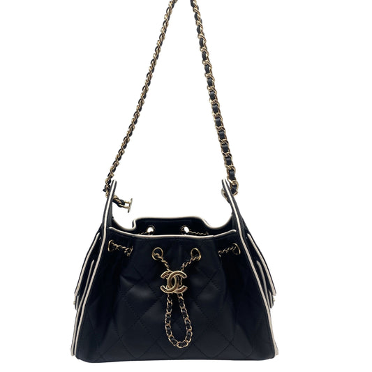 Chanel 25 Mini Black Leather w/ White Trim, Gold Hardware