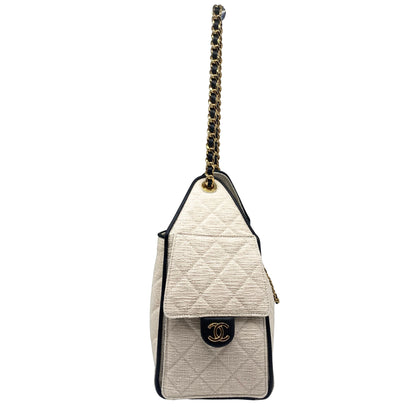 Chanel 25 White Tweed, Black Trim Small