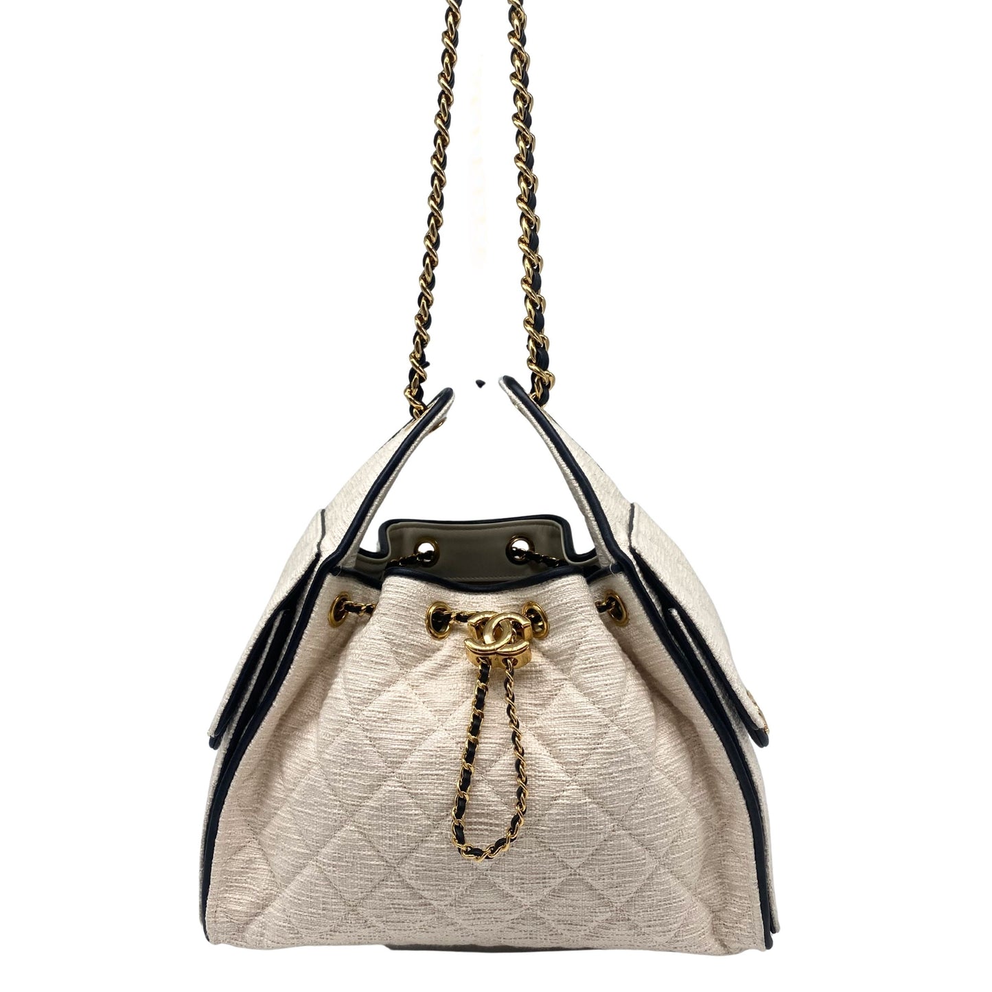 Chanel 25 White Tweed, Black Trim Small