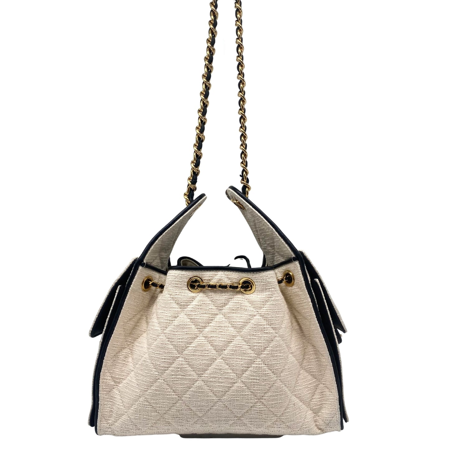 Chanel 25 White Tweed, Black Trim Small