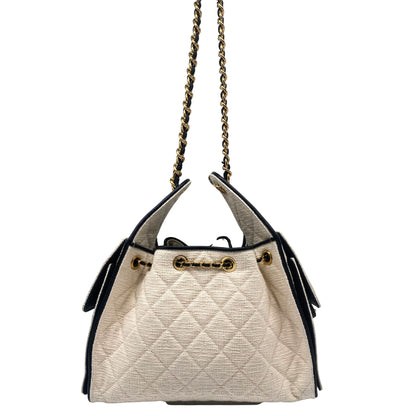 Chanel 25 White Tweed, Black Trim Small