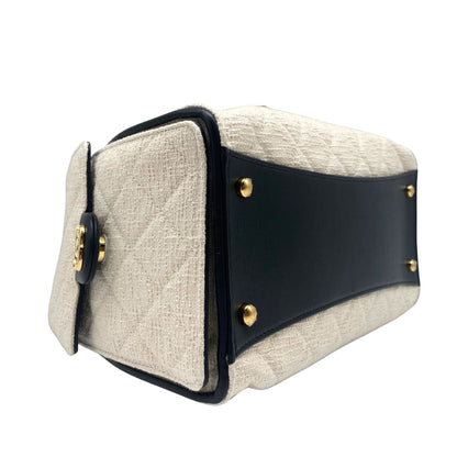 Chanel 25 White Tweed, Black Trim Small