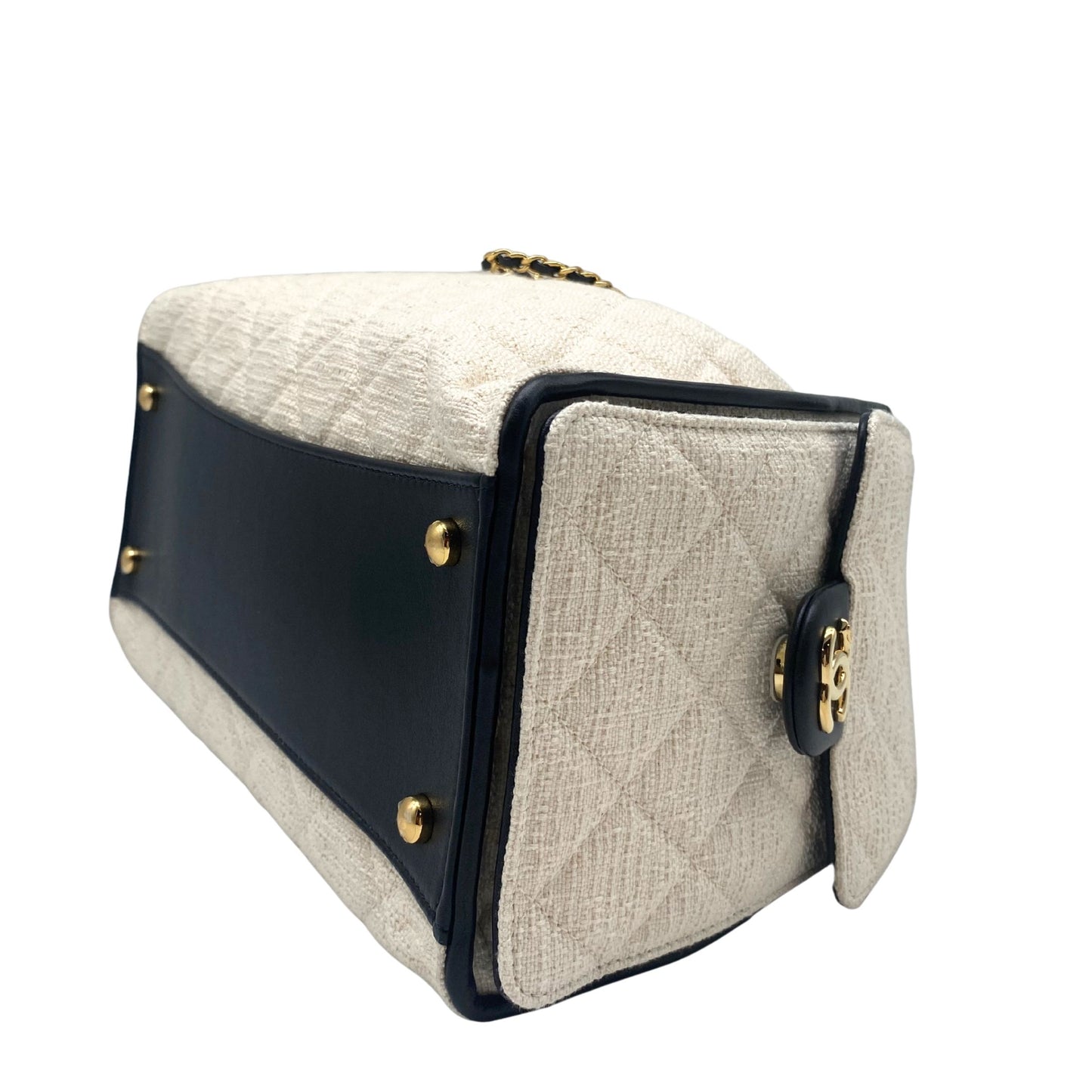 Chanel 25 White Tweed, Black Trim Small