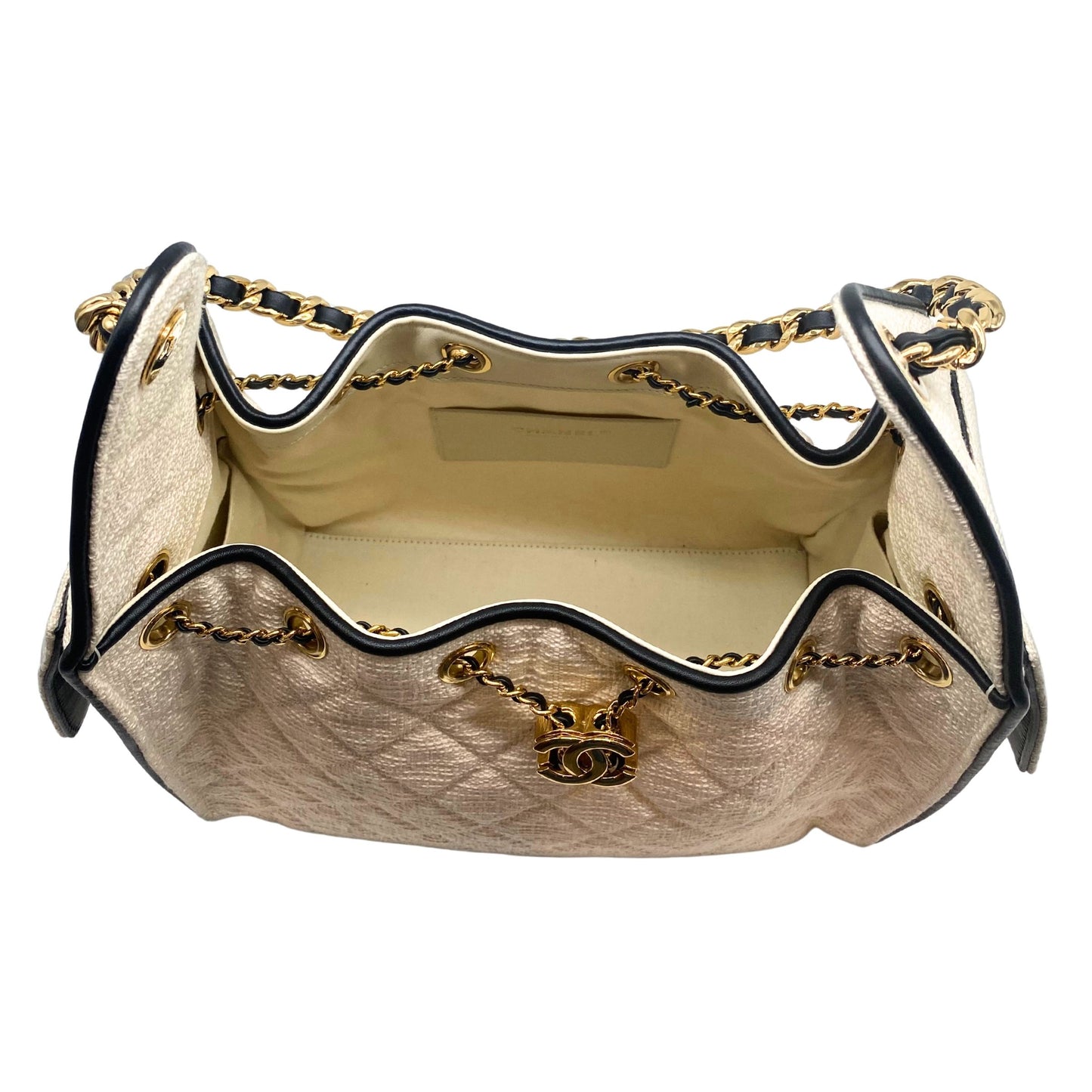 Chanel 25 White Tweed, Black Trim Small