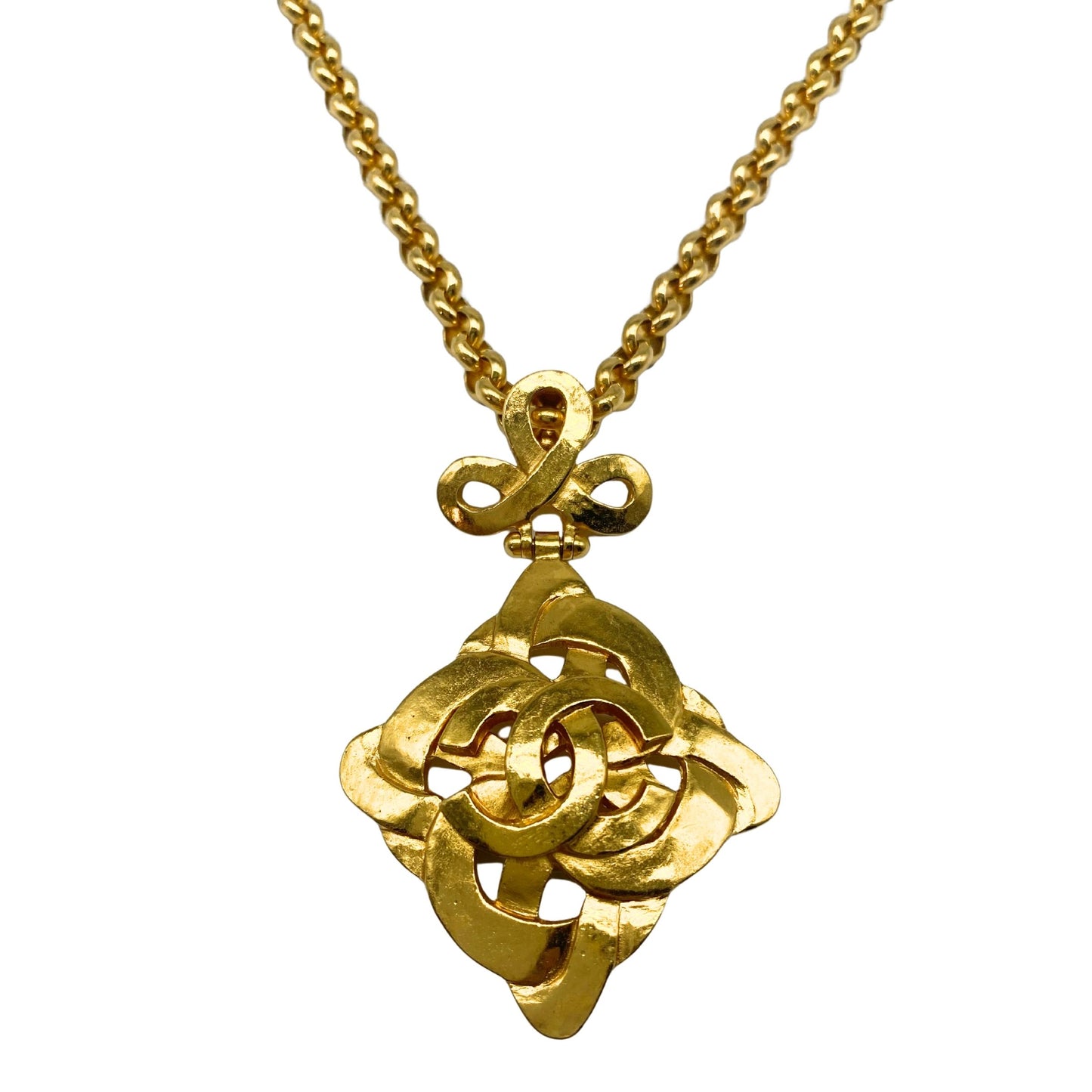 Chanel Gold Tone CC Logo Swirl Cross Necklace