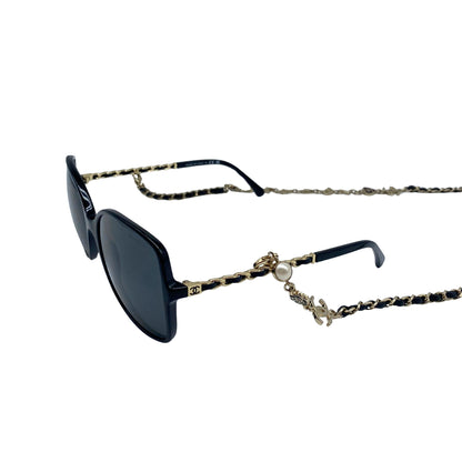 Chanel Black and Gold Sunglasses with Chain