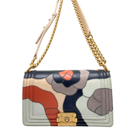 Chanel Multicolor Lambskin Leather Limited Edition Patchwork Camelia Boy Bag