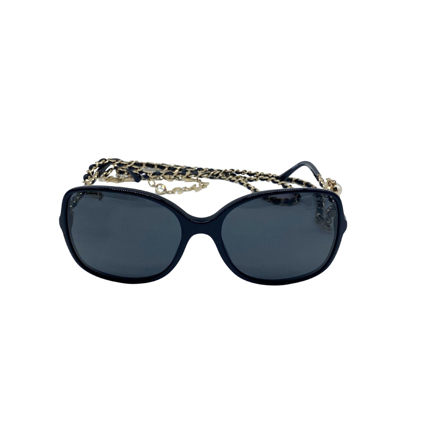 Chanel Black and Gold Sunglasses with Chain
