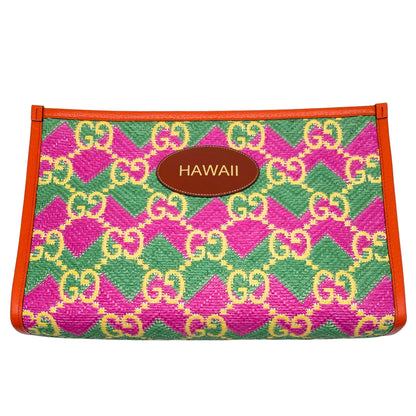 Gucci Monogram Straw Textured Dollar Calfskin Hawaii Clutch