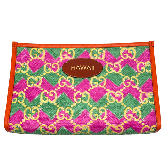 Gucci Monogram Straw Textured Dollar Calfskin Hawaii Clutch