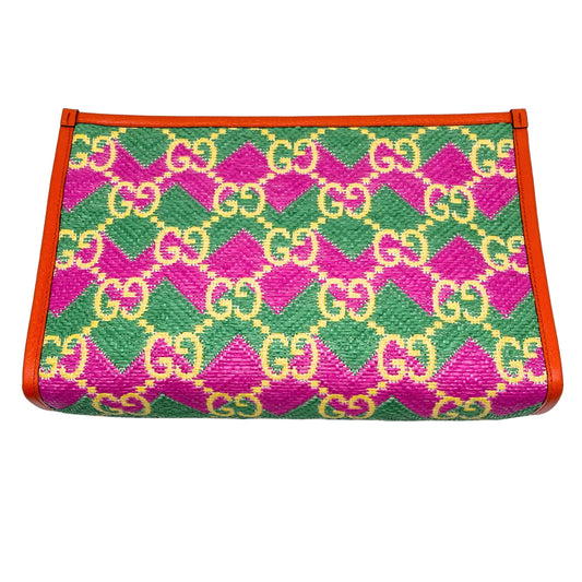 Gucci Monogram Straw Textured Dollar Calfskin Hawaii Clutch