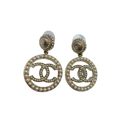 Chanel Hanging Round Drop w/ Pearls CC Earrings