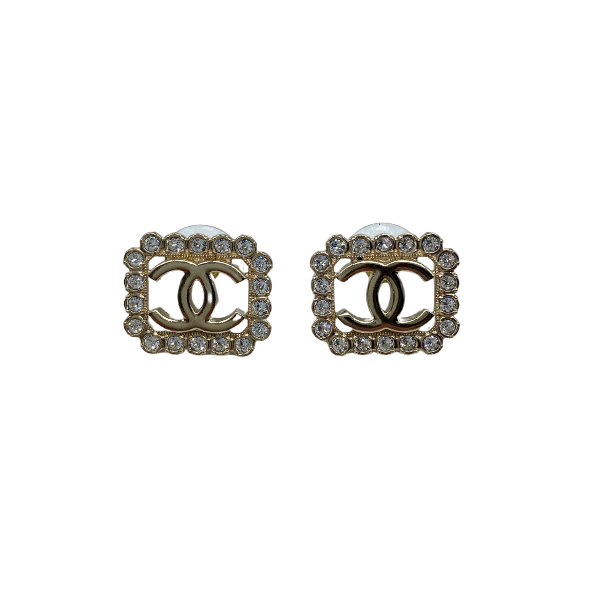 Chanel CC Crystal Strass Rectangular Stud Earrings Gold