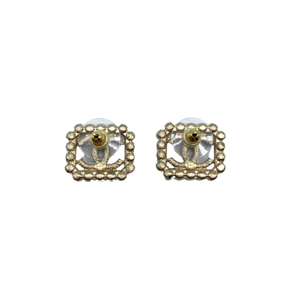 Chanel CC Crystal Strass Rectangular Stud Earrings Gold