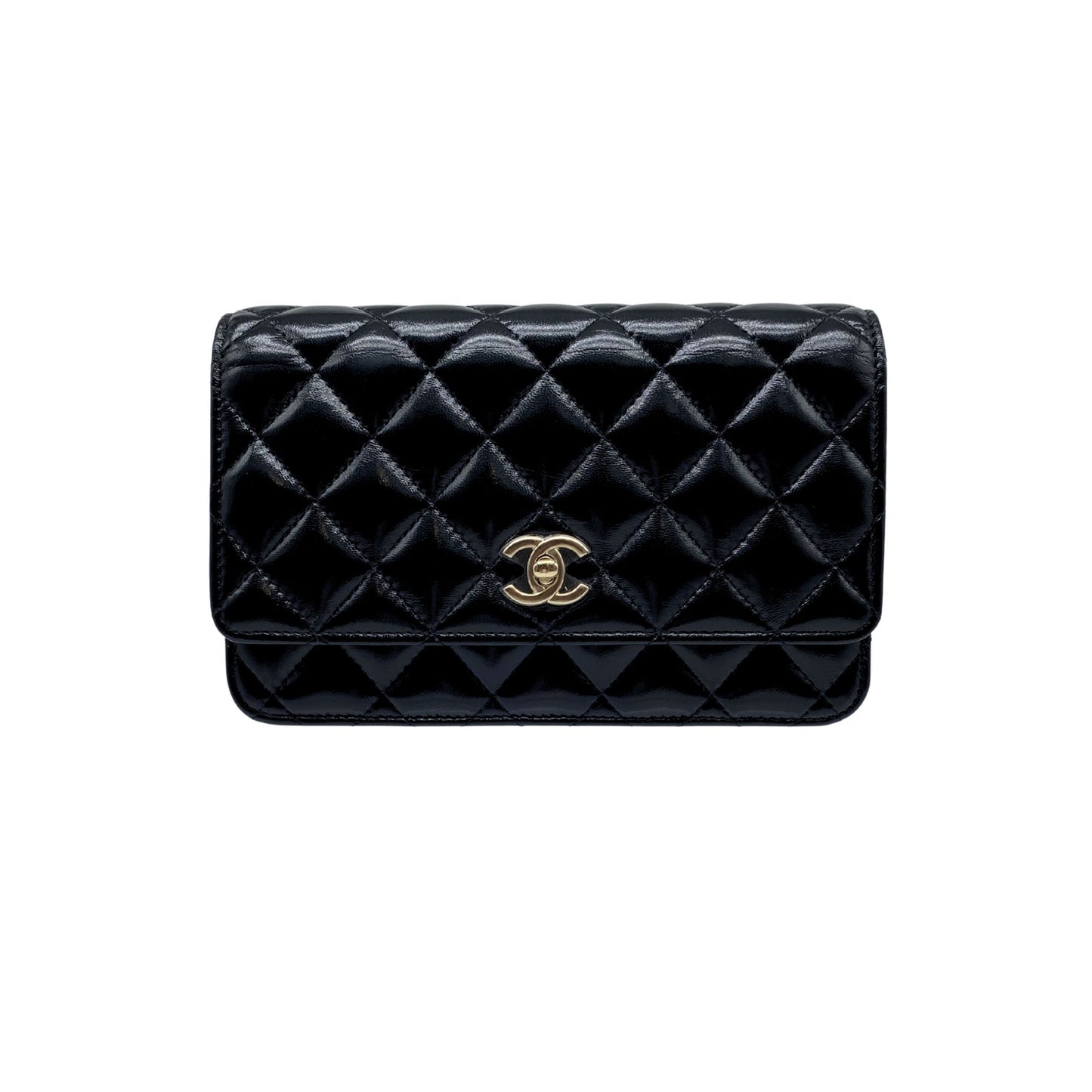 Chanel Black Shiny Quilted Lambskin Wallet w/ Chain Light Gold Hardware