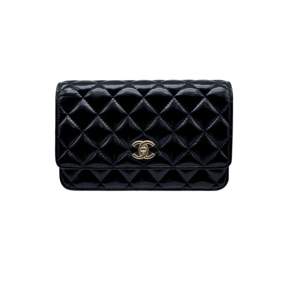 Chanel Black Shiny Quilted Lambskin Wallet w/ Chain Light Gold Hardware